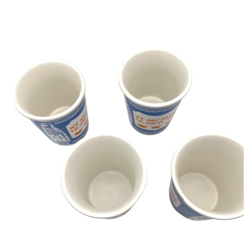 "We Are Happy To Serve You" Ceramic Coffee Cups (Set of 4) New York Greek Design - Picture 6 of 7
